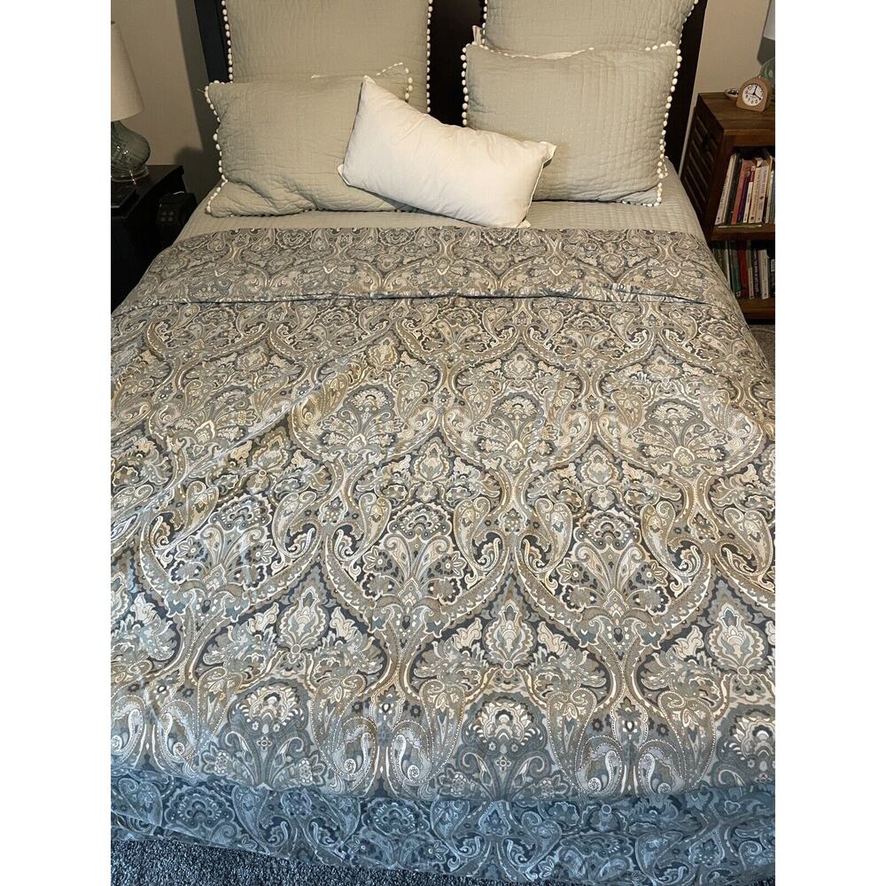 Pottery Barn Duvet Queen Blue Paisley Mackenna 100% Cotton Muted Colors
